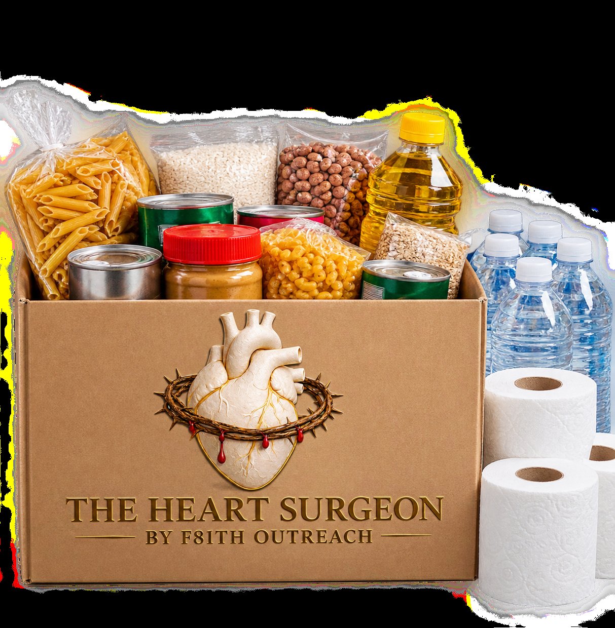 A Heart Surgeon by F8ith outreach box filled with groceries, water, and paper goods