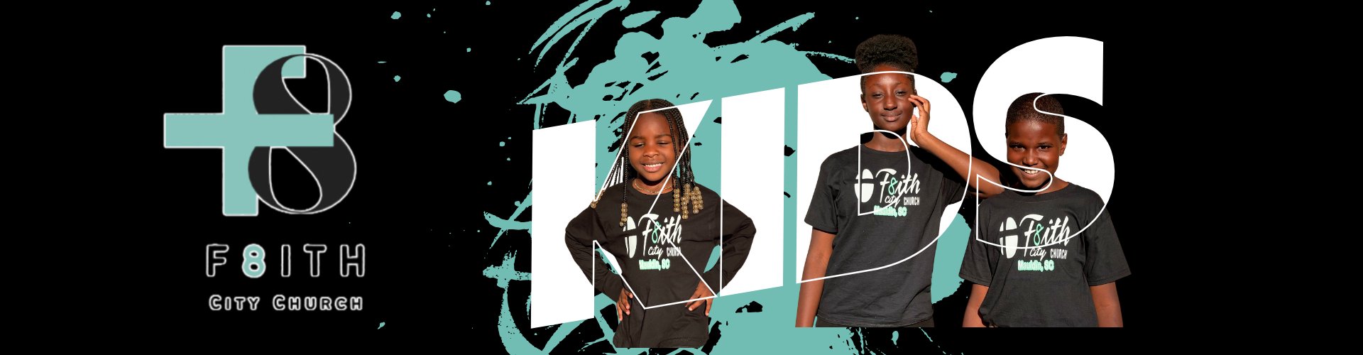F8ith City Church Kids: three kids wearing F8ith City shirts
