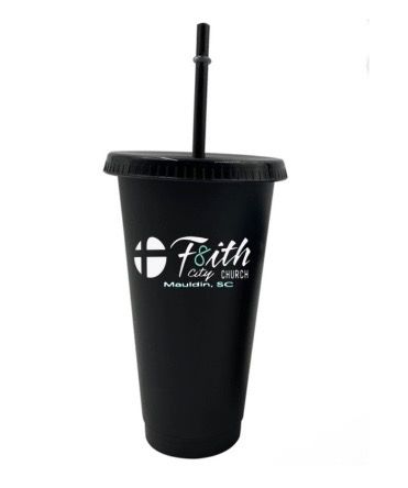Black F8ith City Church tumbler with straw